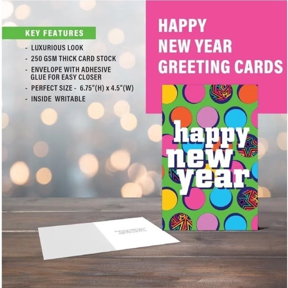 Happy New Year Cards Boxed Set 16 with Envelopes, Gold Seal Stickers 6.75